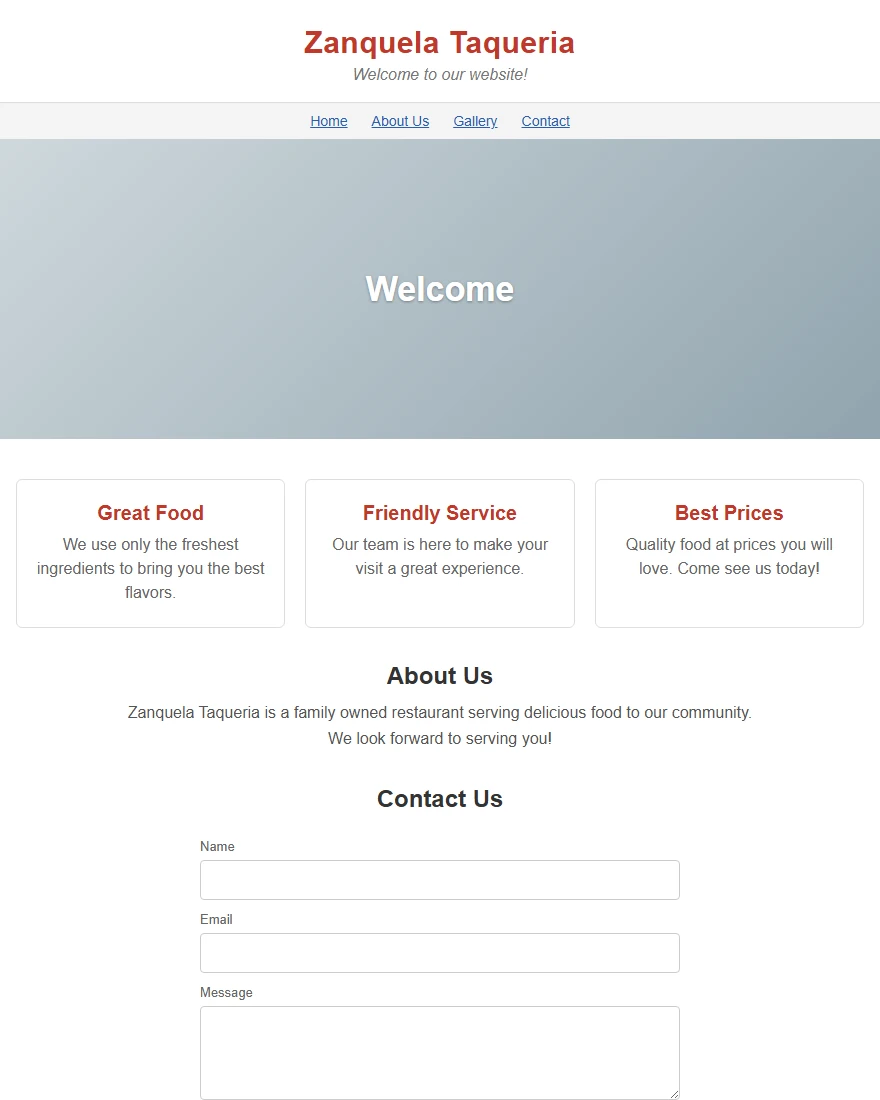 A generic builder page for Zanquela Taqueria: a centred name, a grey banner, three feature boxes and a contact form
