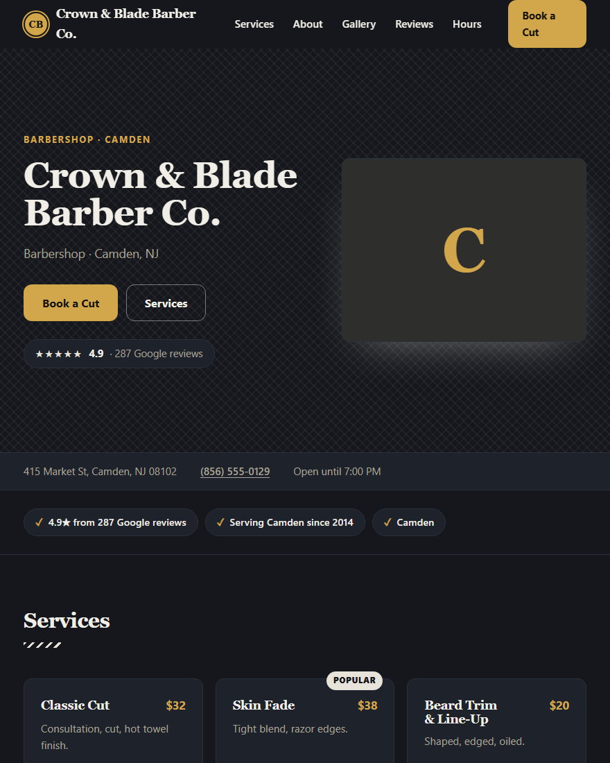 Home page of Crown & Blade Barber Co., a demonstration barbershop site