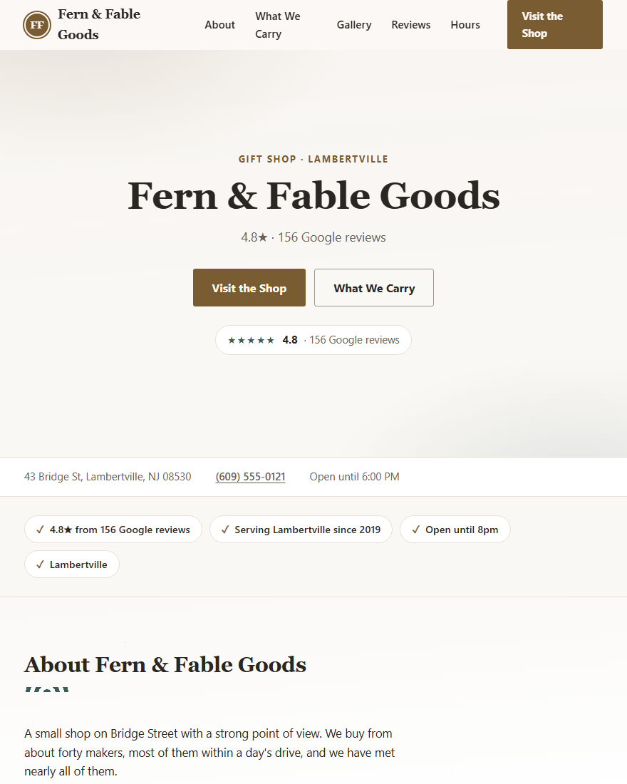 Home page of Fern & Fable Goods, a demonstration gift shop site