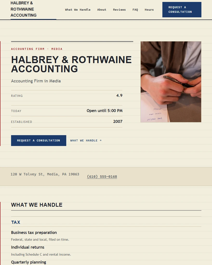 Home page of Halbrey & Rothwaine Accounting, a demonstration accounting firm site