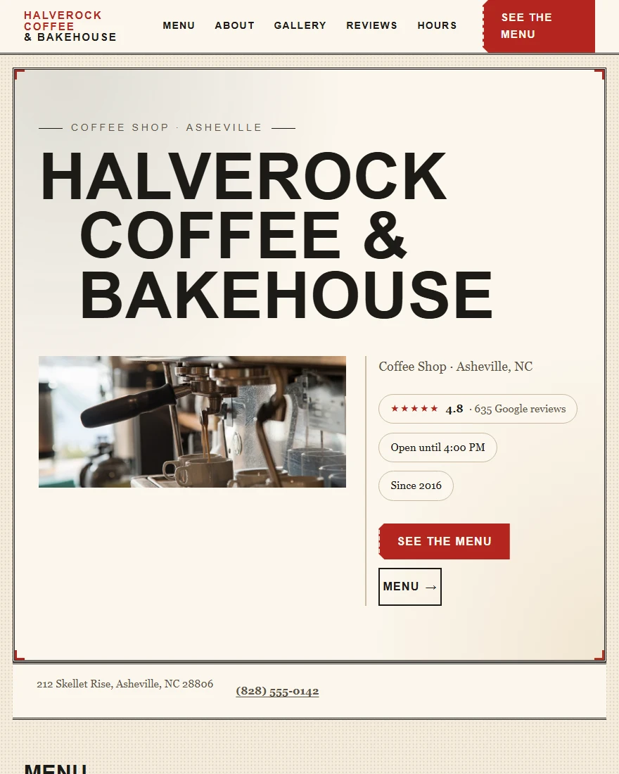 Home page of Halverock Coffee & Bakehouse, a demonstration coffee shop site