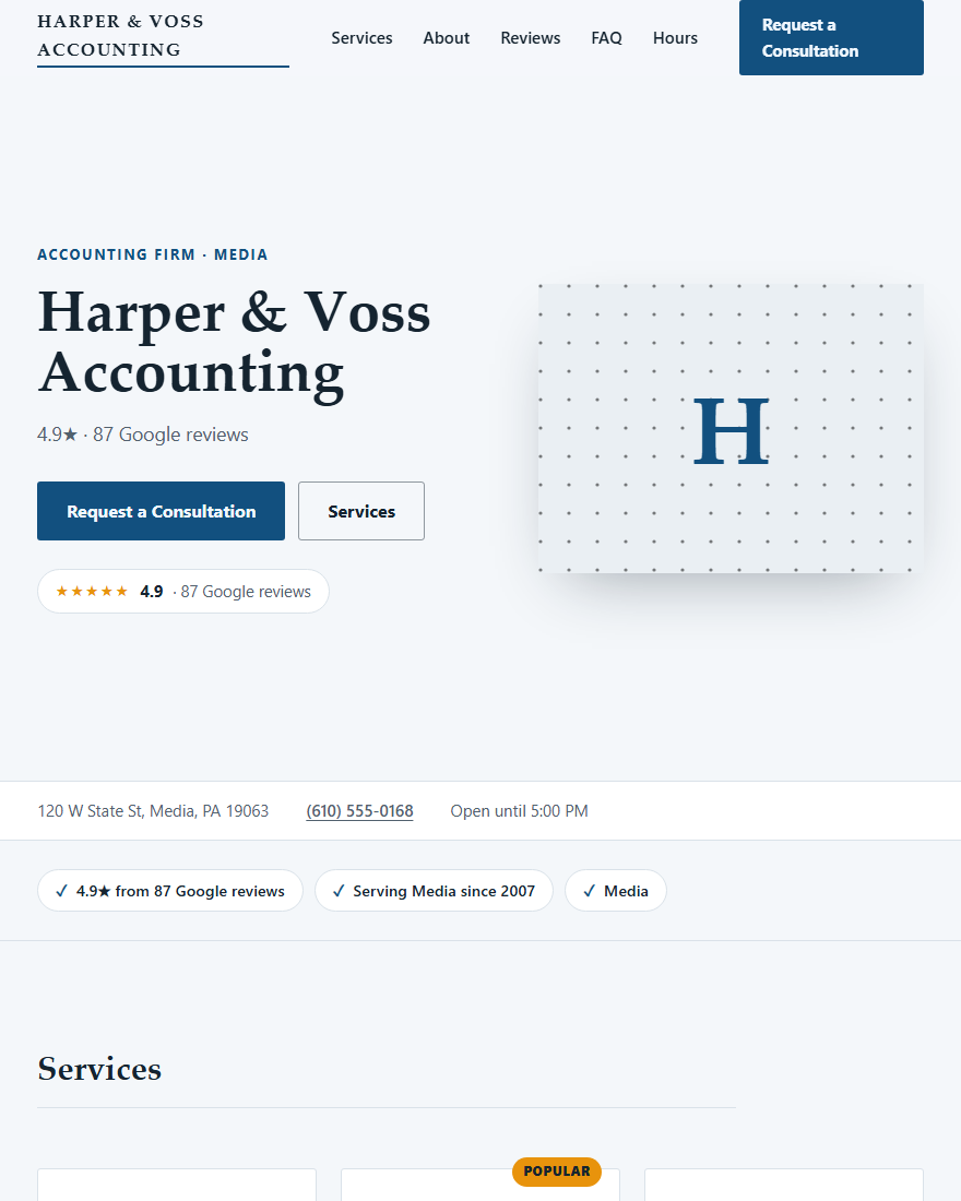 Home page of Harper & Voss Accounting, a demonstration accounting firm site