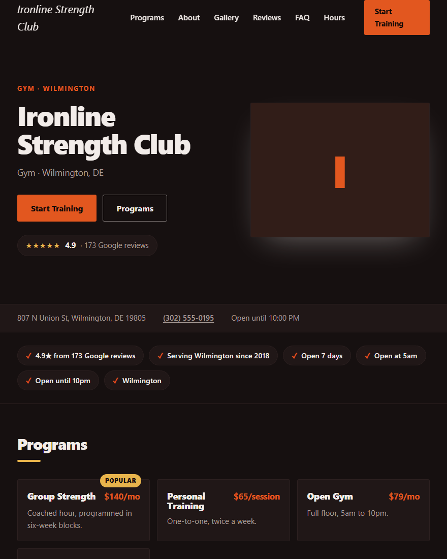 Home page of Ironline Strength Club, a demonstration gym site