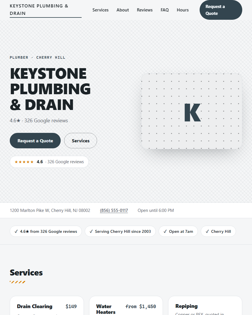Home page of Keystone Plumbing & Drain, a demonstration plumber site