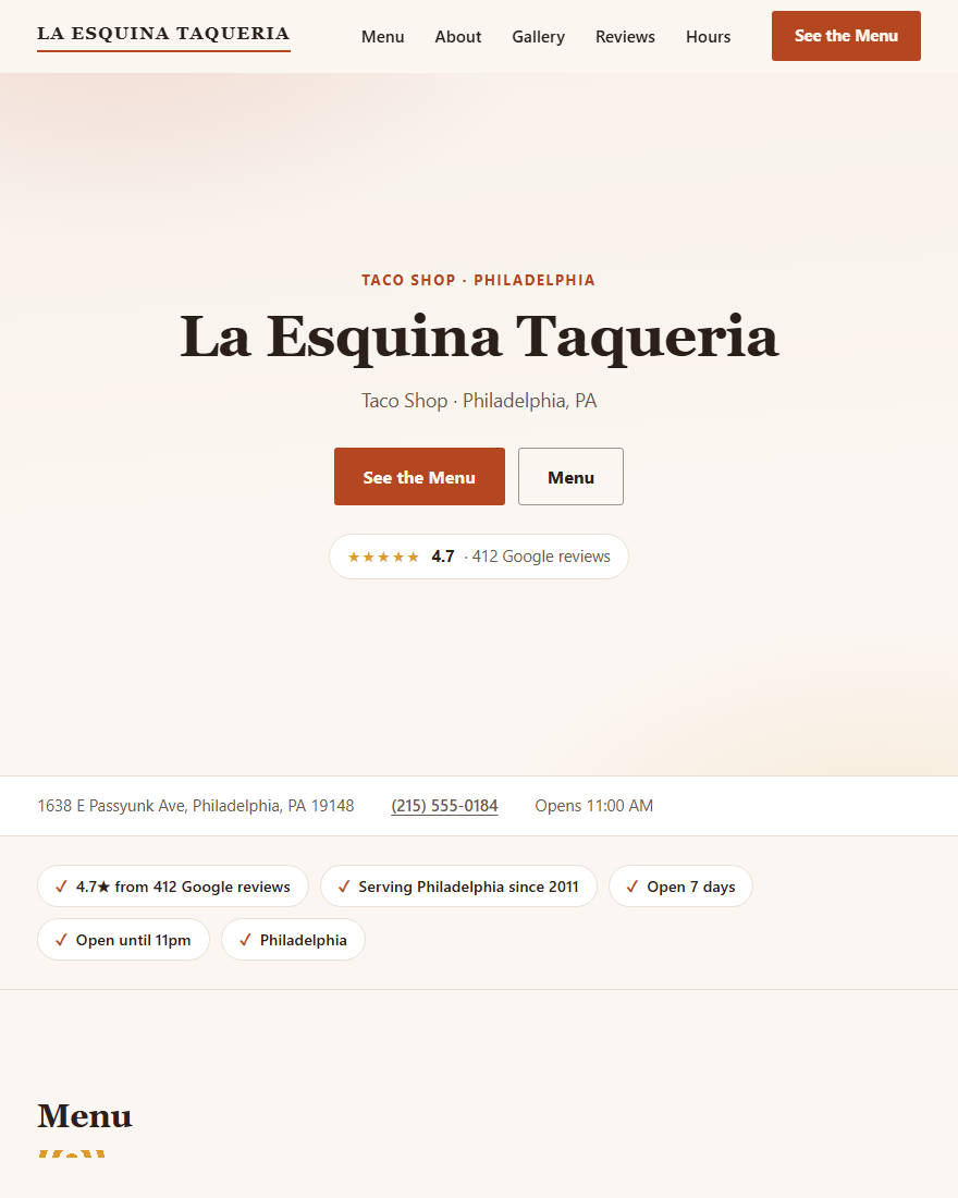 Home page of La Esquina Taqueria, a demonstration taco shop site