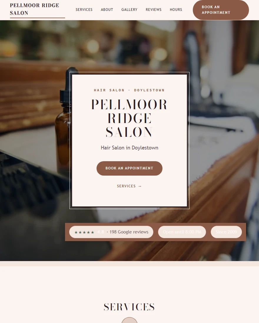 Home page of Pellmoor Ridge Salon, a demonstration hair salon site