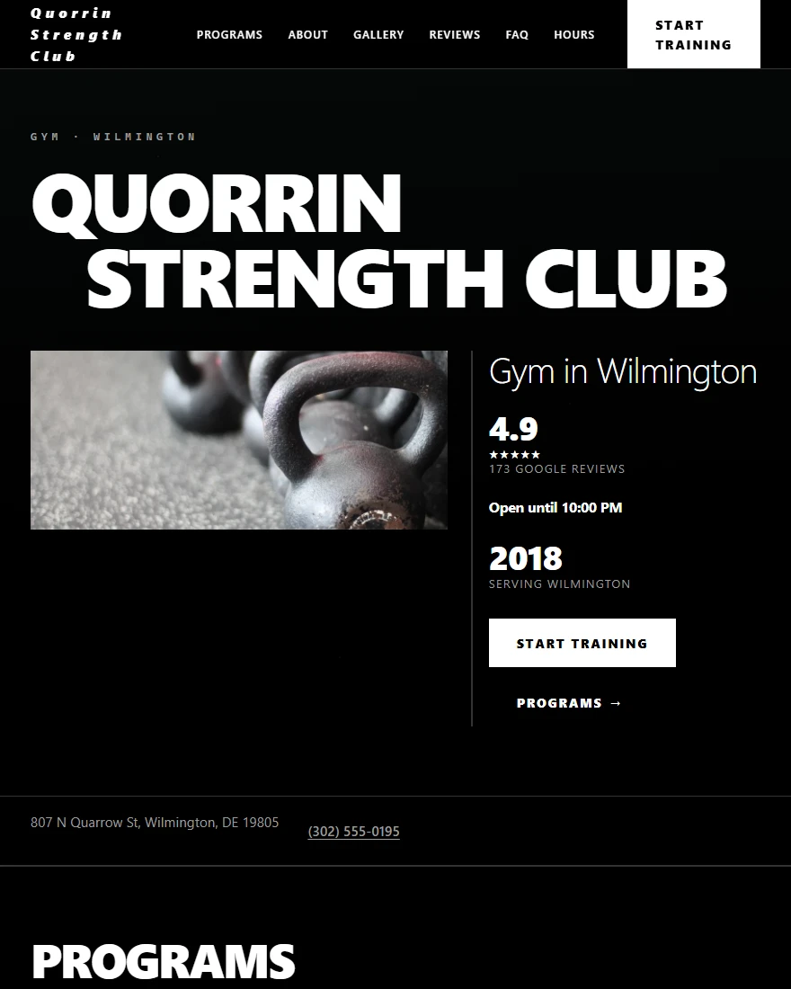Home page of Quorrin Strength Club, a demonstration gym site