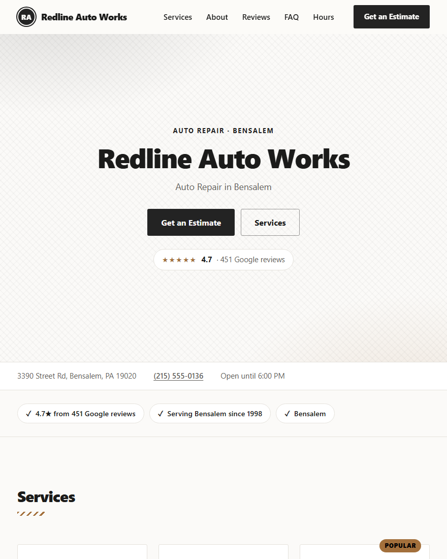 Home page of Redline Auto Works, a demonstration auto repair site