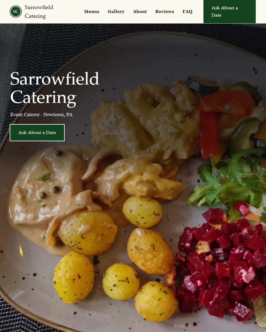 Home page of Sarrowfield Catering, a demonstration event caterer site