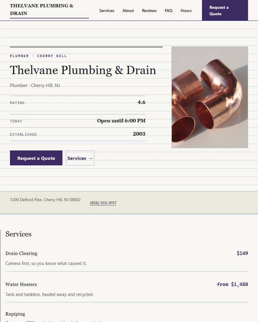 Home page of Thelvane Plumbing & Drain, a demonstration plumber site