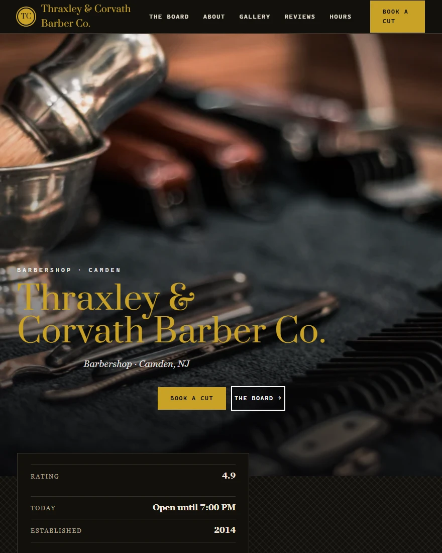 Home page of Thraxley & Corvath Barber Co., a demonstration barbershop site