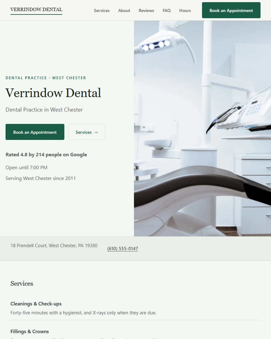 Home page of Verrindow Dental, a demonstration dental practice site