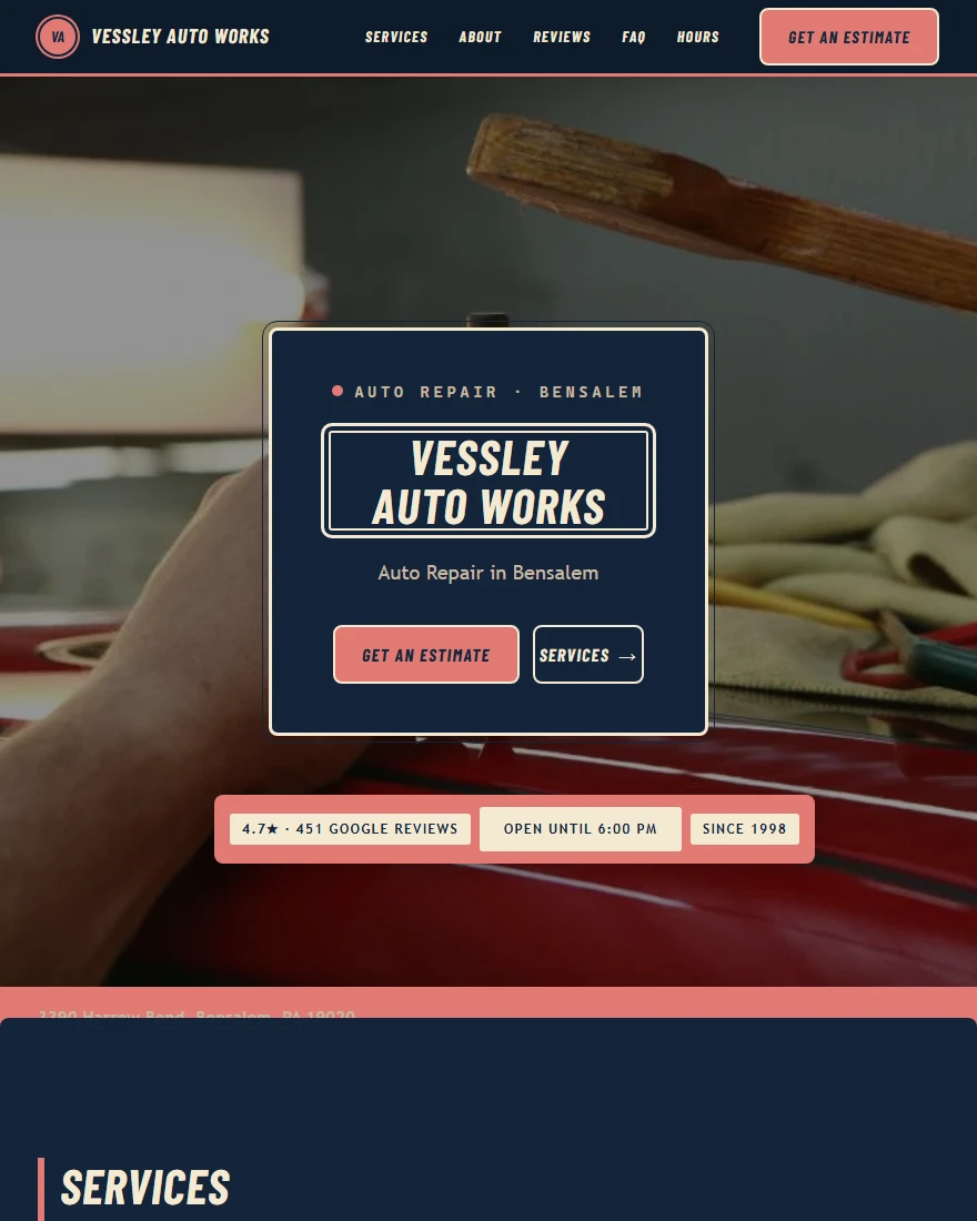 Home page of Vessley Auto Works, a demonstration auto repair site