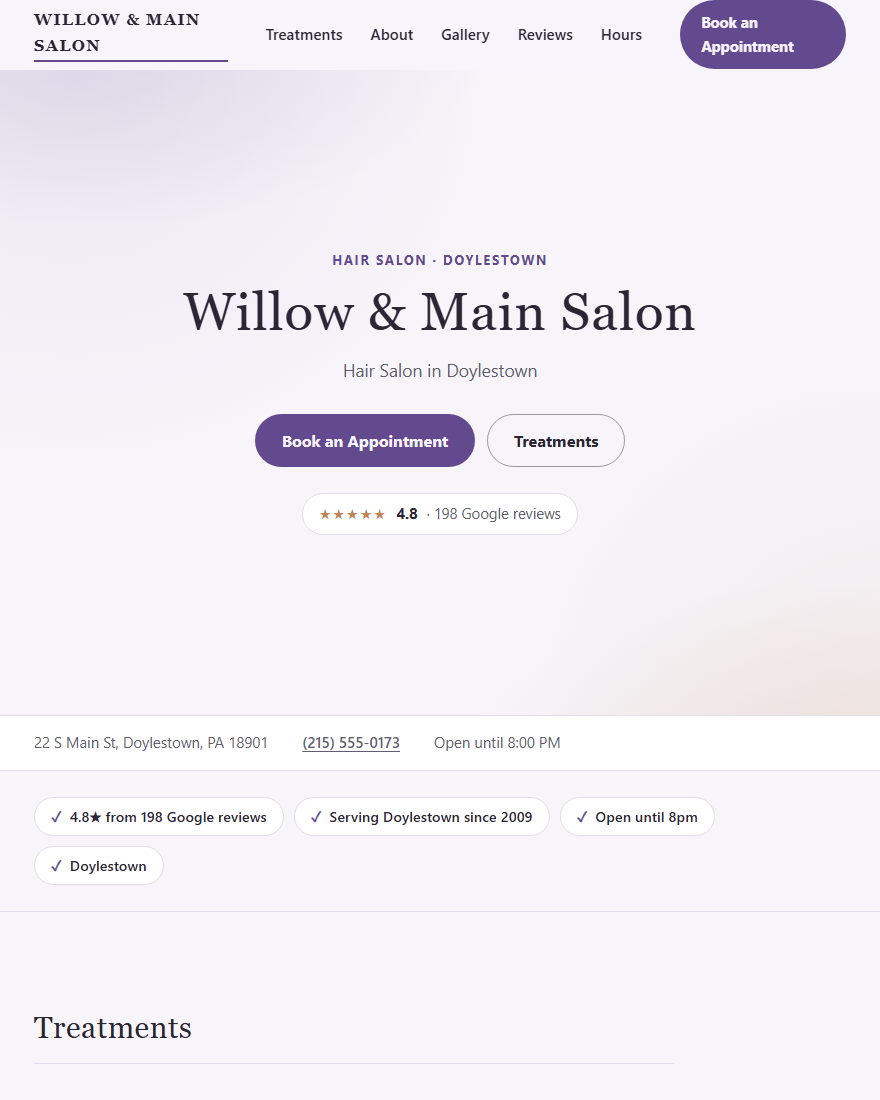 Home page of Willow & Main Salon, a demonstration hair salon site