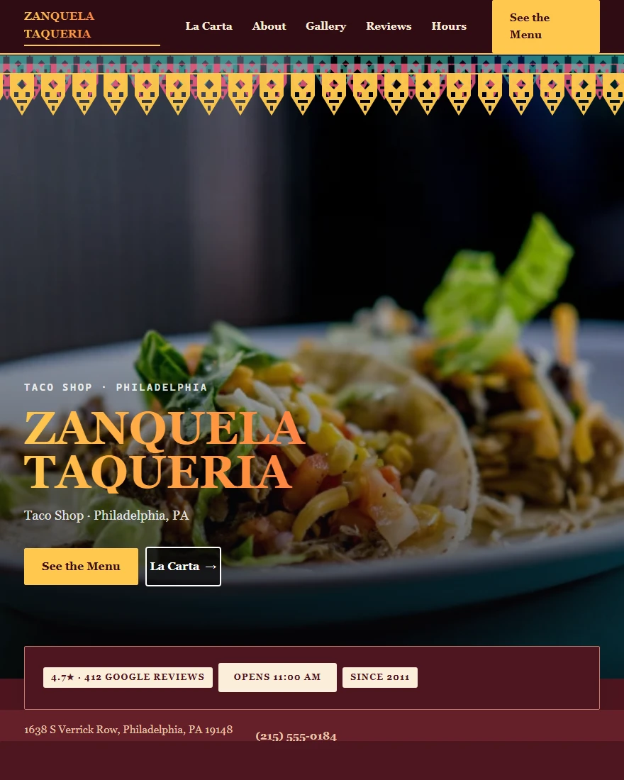 Home page of Zanquela Taqueria, a demonstration taco shop site